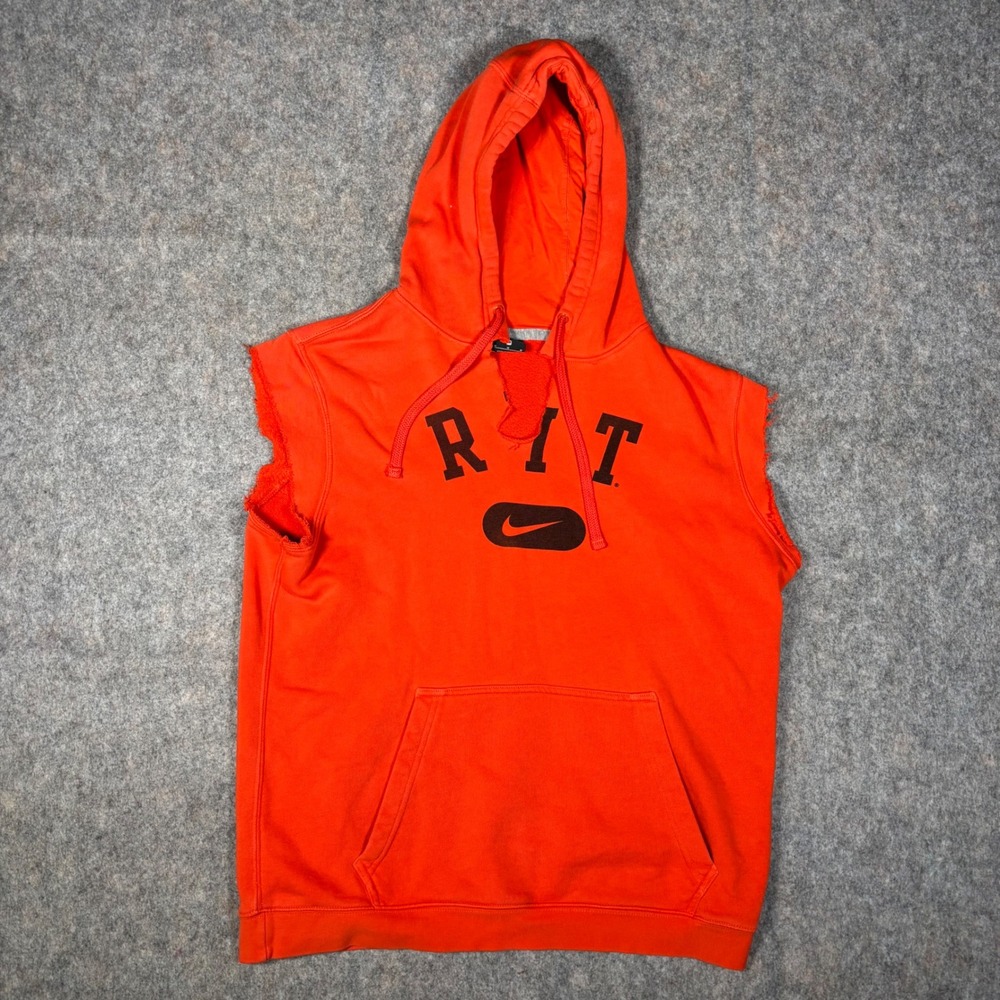 Nike RIT Hoodie Mens M Orange Sleeveless Club Fleece Muscle Tank Workout Gym